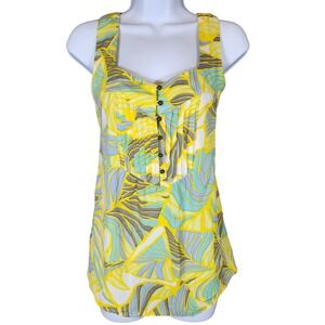 Banana Republic Sleeveless Button Down Blouse Top Yellow Blue Leaf‎ Print